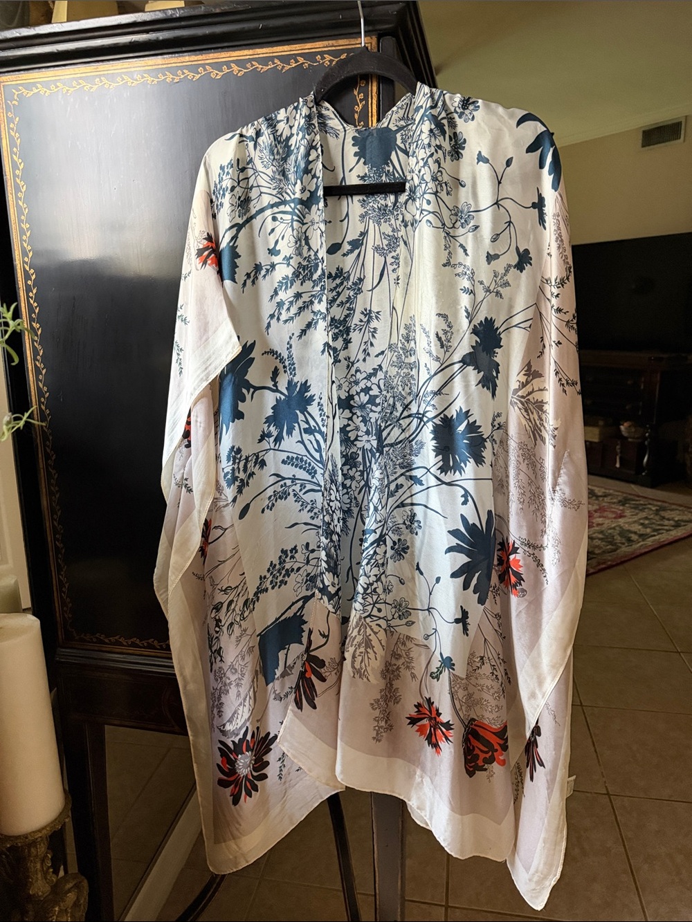 Sheer Kimono Cover-Up in Cream, Navy & Orange exquisite washable lightweight - Picture 4 of 17